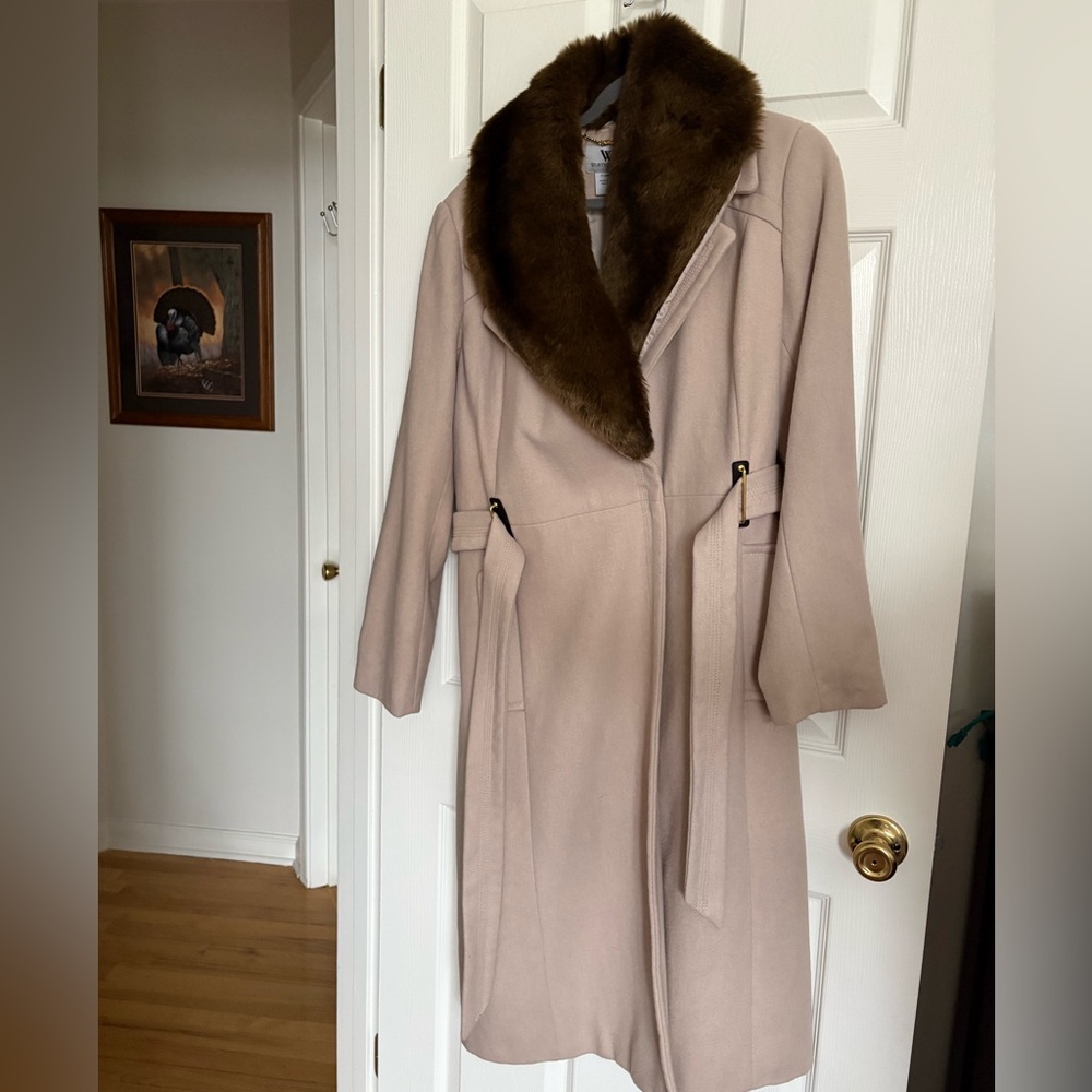 Worthington Tan Trench Coat with Brown Faux Fur Collar
